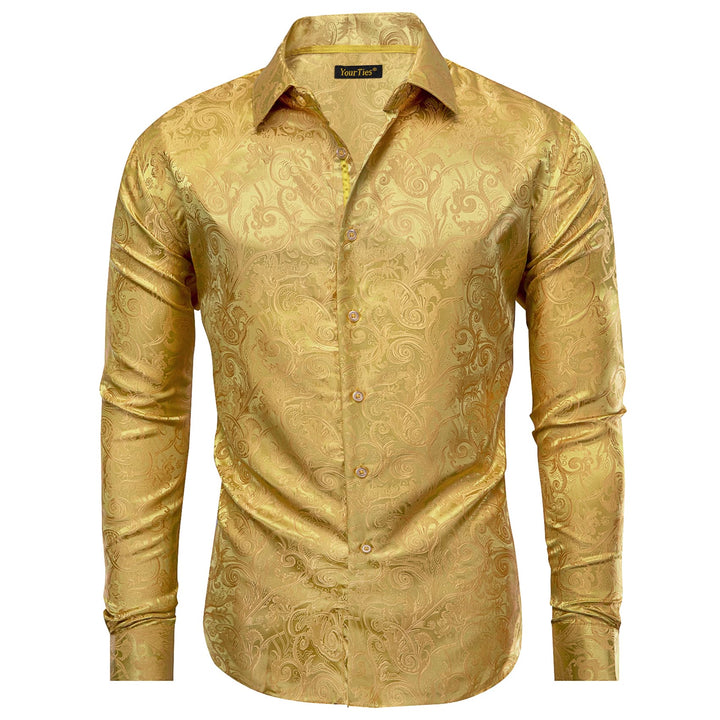 Satin Sheen Gold Long Sleeve Floral Jacquard Mens Dress Shirt