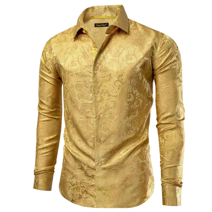 Satin Sheen Gold Long Sleeve Floral Jacquard Mens Dress Shirt