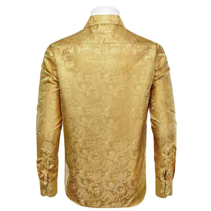 Satin Sheen Gold Long Sleeve Floral Jacquard Mens Dress Shirt