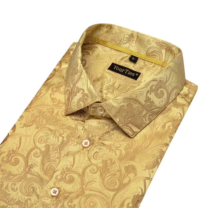 Satin Sheen Gold Long Sleeve Floral Jacquard Mens Dress Shirt