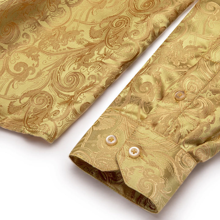 Satin Sheen Gold Long Sleeve Floral Jacquard Mens Dress Shirt