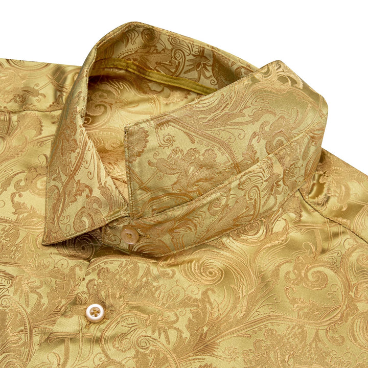 Satin Sheen Gold Long Sleeve Floral Jacquard Mens Dress Shirt