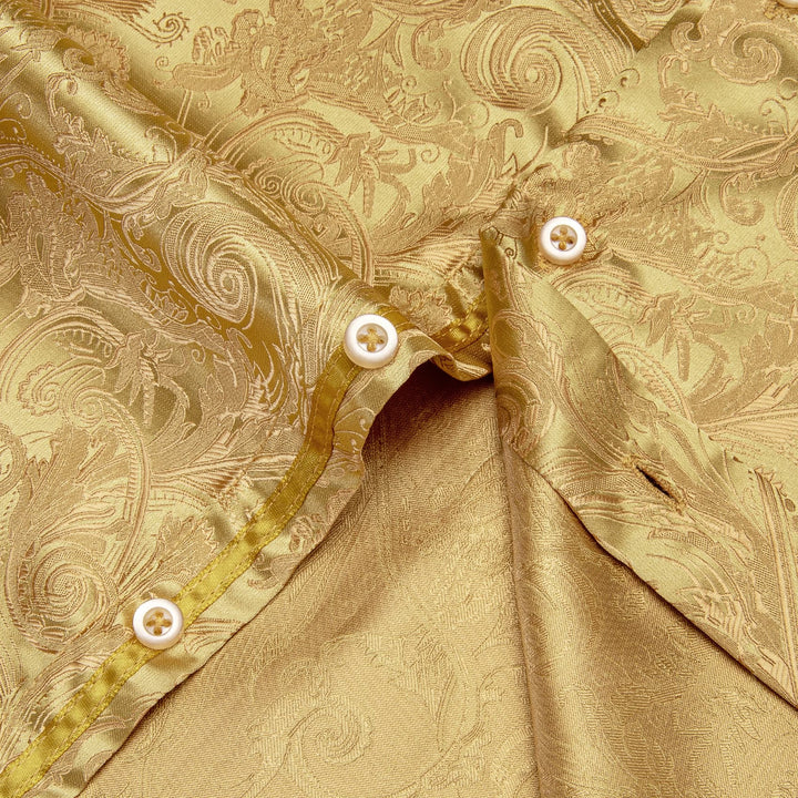 Satin Sheen Gold Long Sleeve Floral Jacquard Mens Dress Shirt