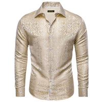 Champagne Cream Floral Jacquard Men's Silk Long Sleeve Shirt