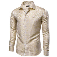 Champagne Cream Floral Jacquard Men's Silk Long Sleeve Shirt