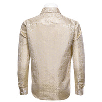 Champagne Cream Floral Jacquard Men's Silk Long Sleeve Shirt