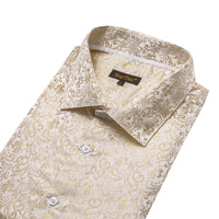 Champagne Cream Floral Jacquard Men's Silk Long Sleeve Shirt