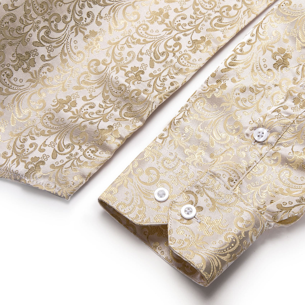 Champagne Cream Floral Jacquard Men's Silk Long Sleeve Shirt