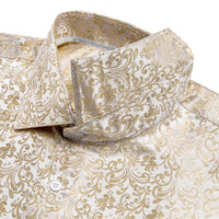 Champagne Cream Floral Jacquard Men's Silk Long Sleeve Shirt