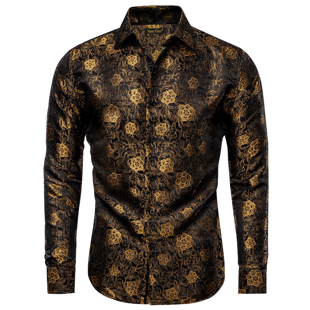 Gold Floral Shirt Black Golden Jacquard Men's Dinner Shirt