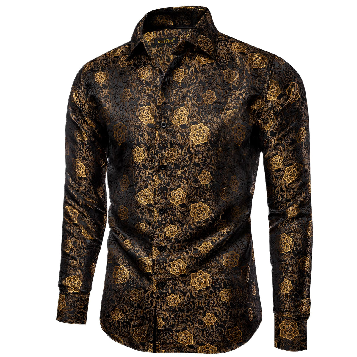 Gold Floral Shirt Black Golden Jacquard Men's Dinner Shirt