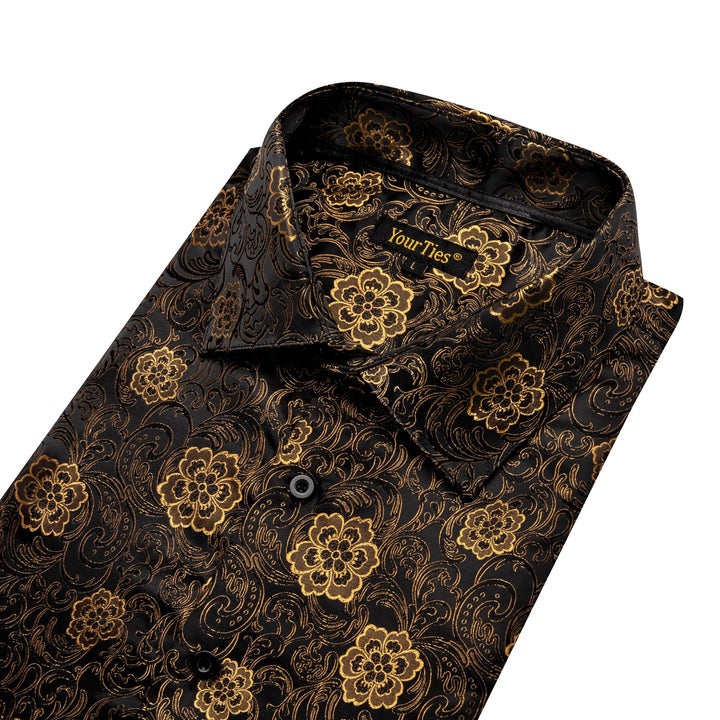 Gold Floral Shirt Black Golden Jacquard Men's Dinner Shirt