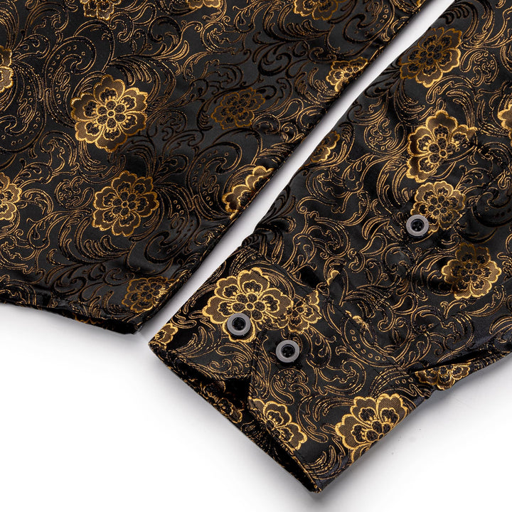 Gold Floral Shirt Black Golden Jacquard Men's Dinner Shirt