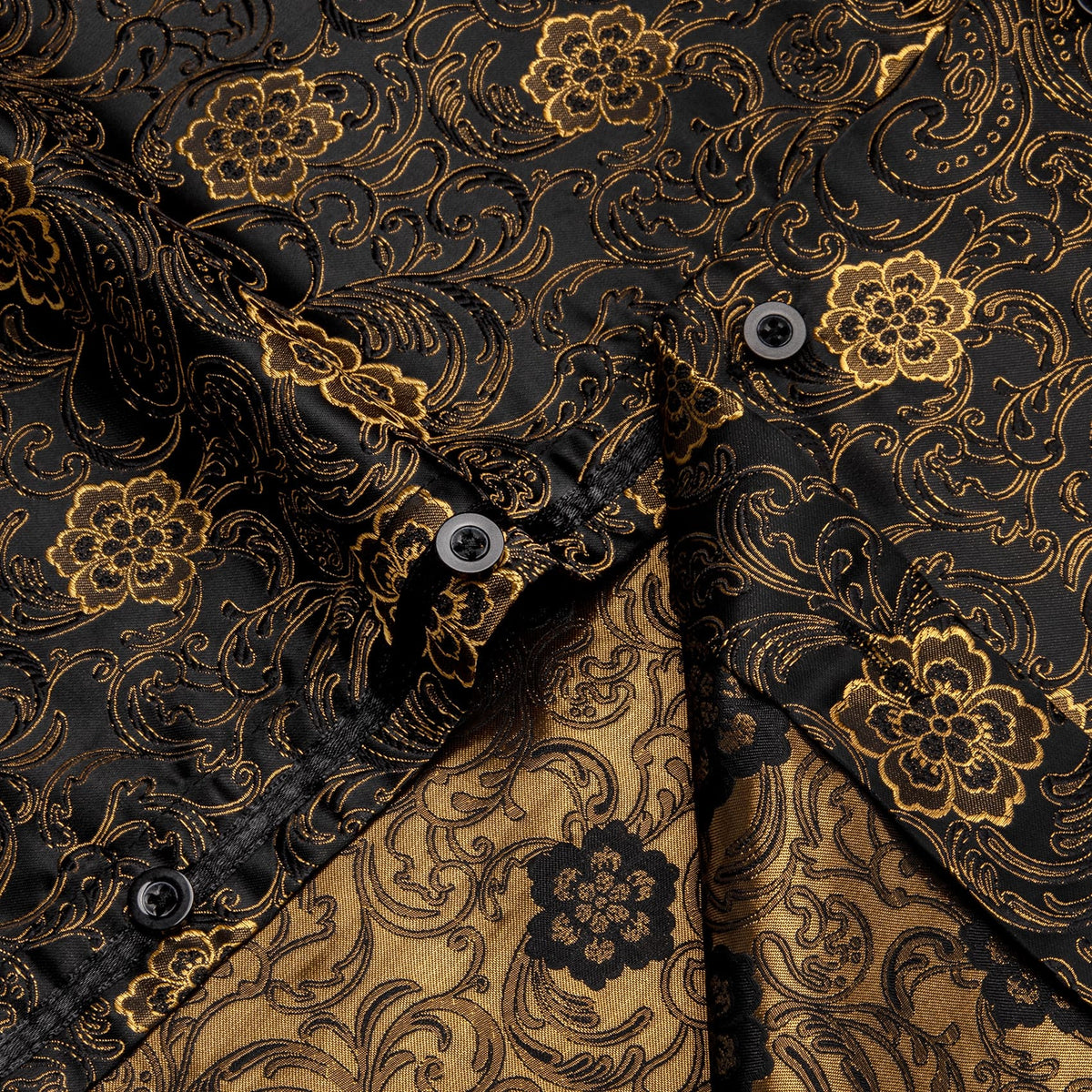 Gold Floral Shirt Black Golden Jacquard Men's Dinner Shirt