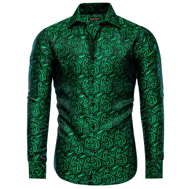 Medium Sea Green Shirt Black Green Jacquard Men Paisley Shirt