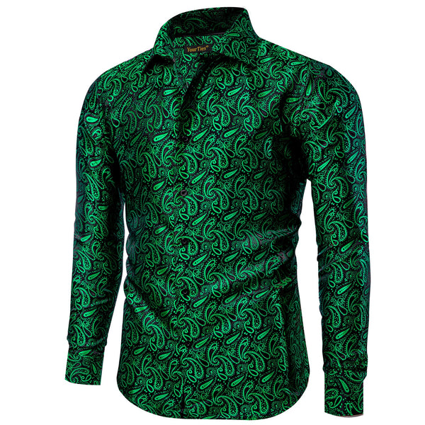 Medium Sea Green Shirt Black Green Jacquard Men Paisley Shirt