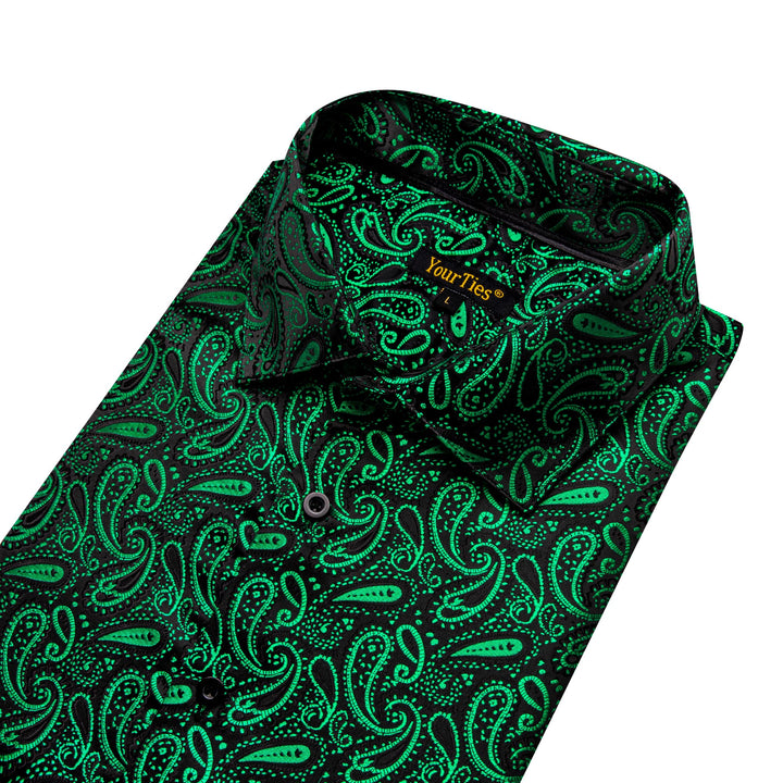 Medium Sea Green Shirt Black Green Jacquard Men Paisley Shirt