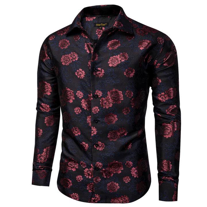 Black Shirt Cordovan Red Roses Men's Long Sleeve Floral Shirt