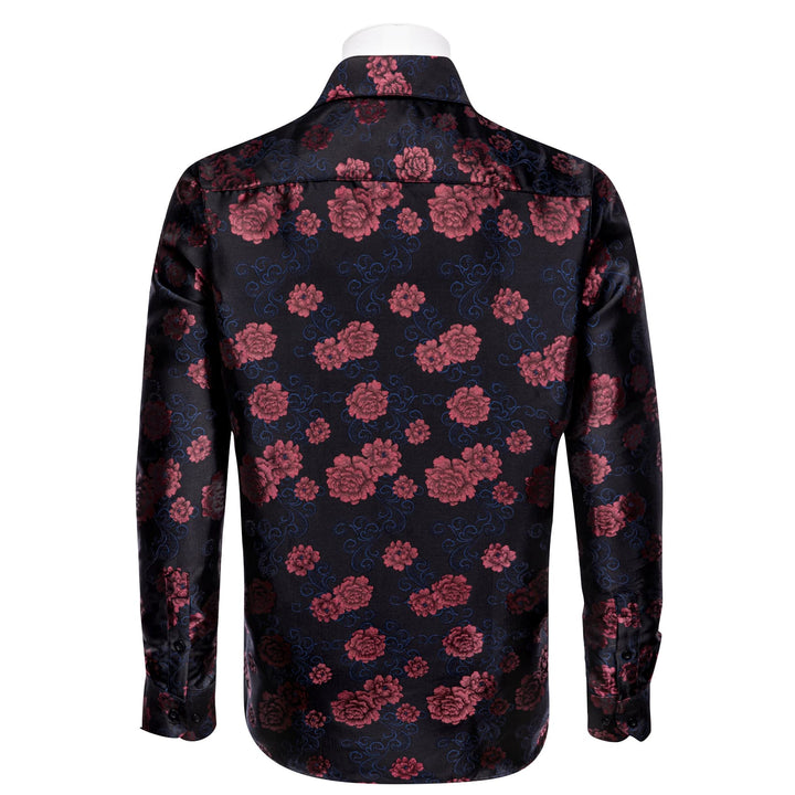 Black Shirt Cordovan Red Roses Men's Long Sleeve Floral Shirt