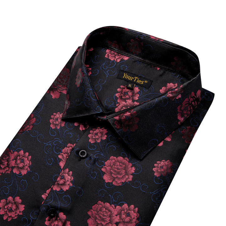 Black Shirt Cordovan Red Roses Men's Long Sleeve Floral Shirt