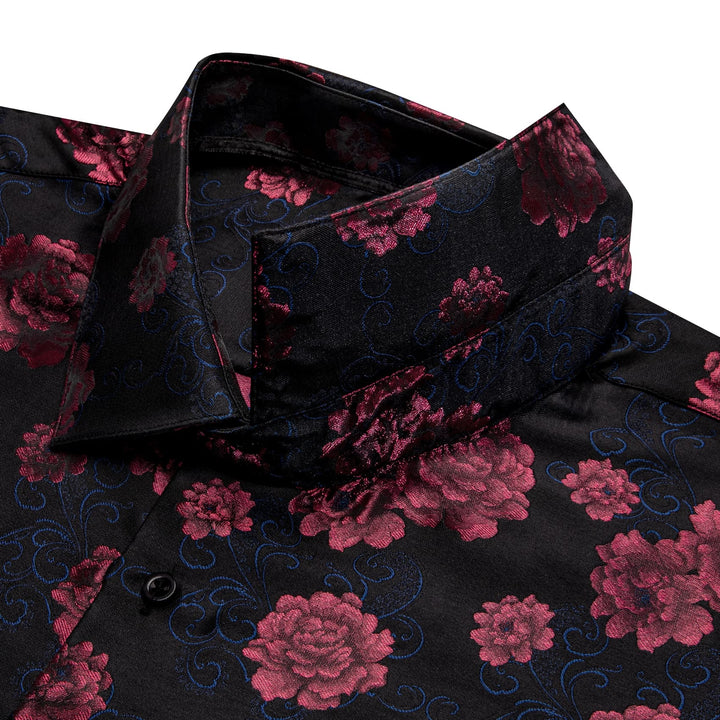 Black Shirt Cordovan Red Roses Men's Long Sleeve Floral Shirt