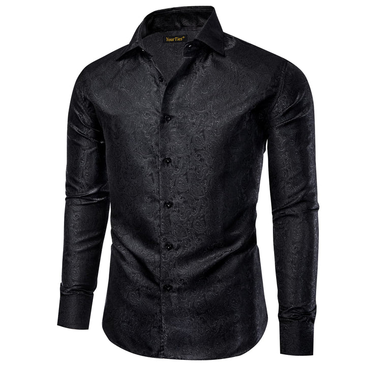 Men's Black Long Sleeve Paisley Jacquard Button Dress Shirt