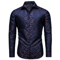 YourTies Men's Dark Blue Paisley Silk Long Sleeve Button Down Shirt