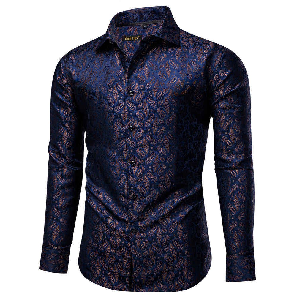 YourTies Men's Dark Blue Paisley Silk Long Sleeve Button Down Shirt