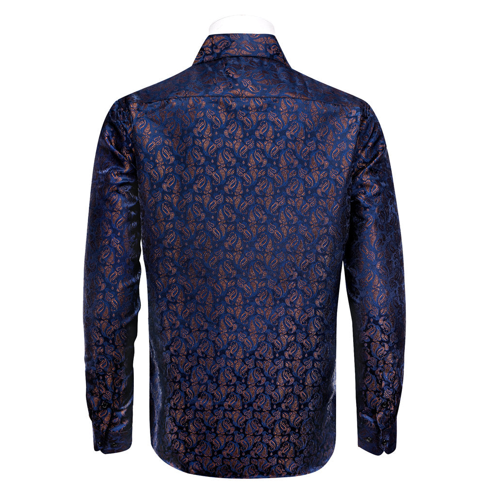 YourTies Men's Dark Blue Paisley Silk Long Sleeve Button Down Shirt