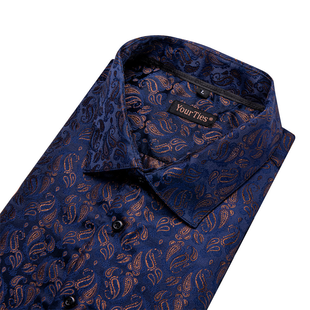 YourTies Men's Dark Blue Paisley Silk Long Sleeve Button Down Shirt