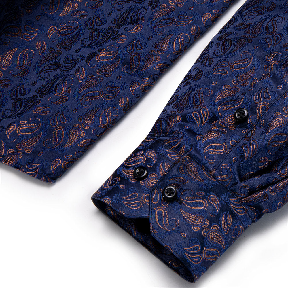 YourTies Men's Dark Blue Paisley Silk Long Sleeve Button Down Shirt