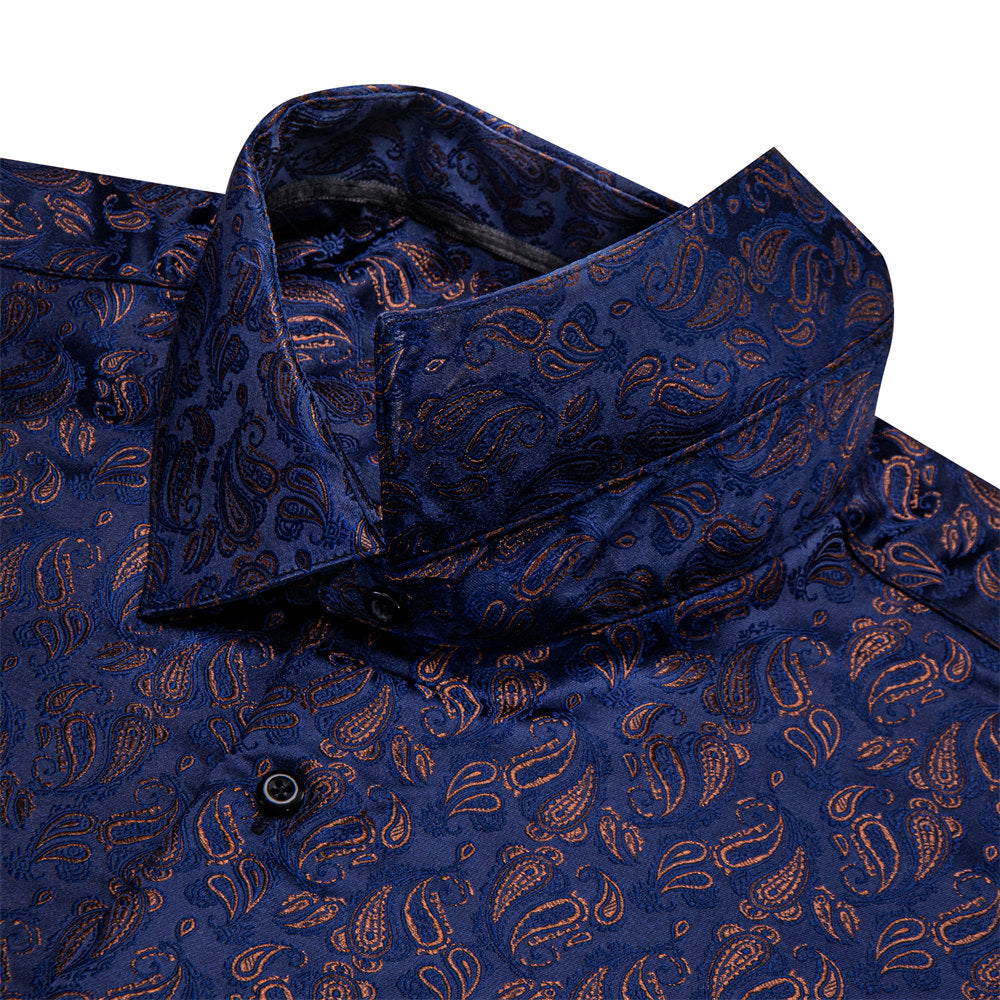 YourTies Men's Dark Blue Paisley Silk Long Sleeve Button Down Shirt