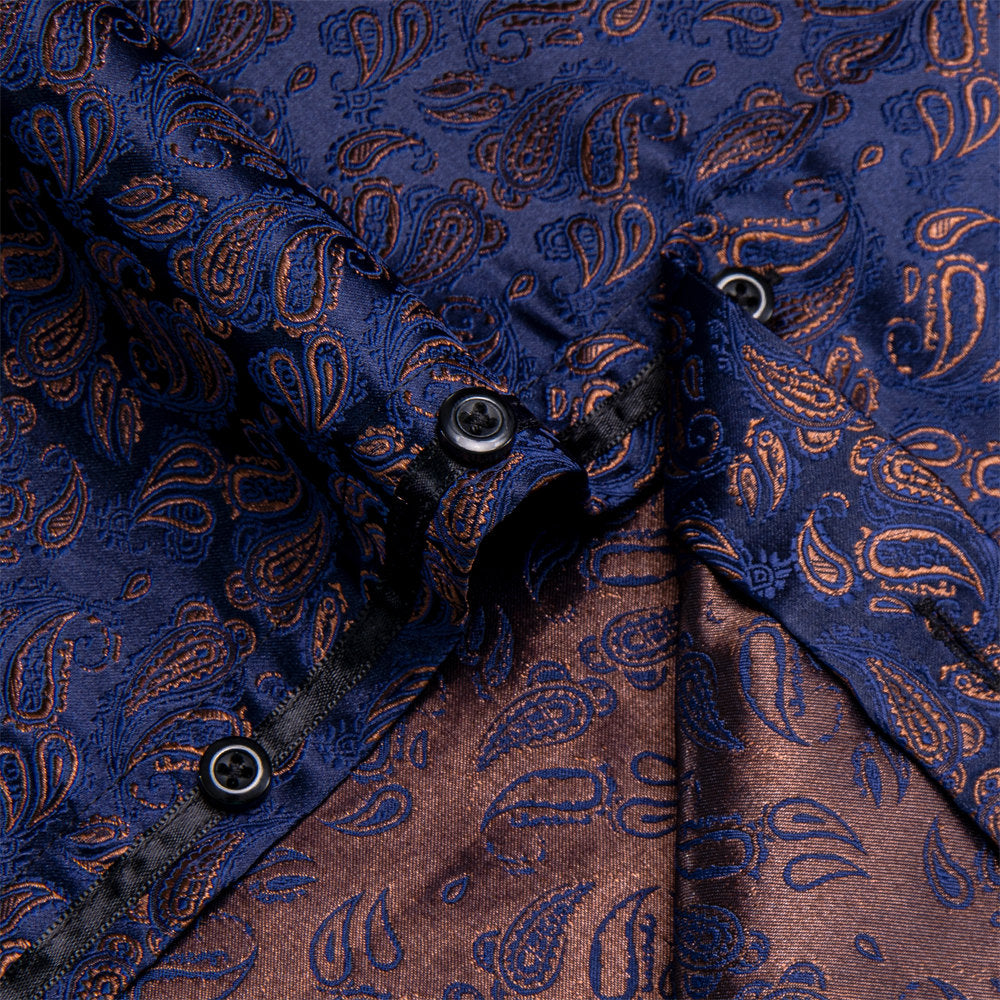 YourTies Men's Dark Blue Paisley Silk Long Sleeve Button Down Shirt