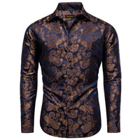 YourTies Men's Brown Blue Paisley Silk Long Sleeve Button Down Shirt