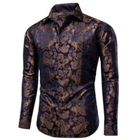 YourTies Men's Brown Blue Paisley Silk Long Sleeve Button Down Shirt