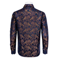 YourTies Men's Brown Blue Paisley Silk Long Sleeve Button Down Shirt