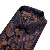 YourTies Men's Brown Blue Paisley Silk Long Sleeve Button Down Shirt