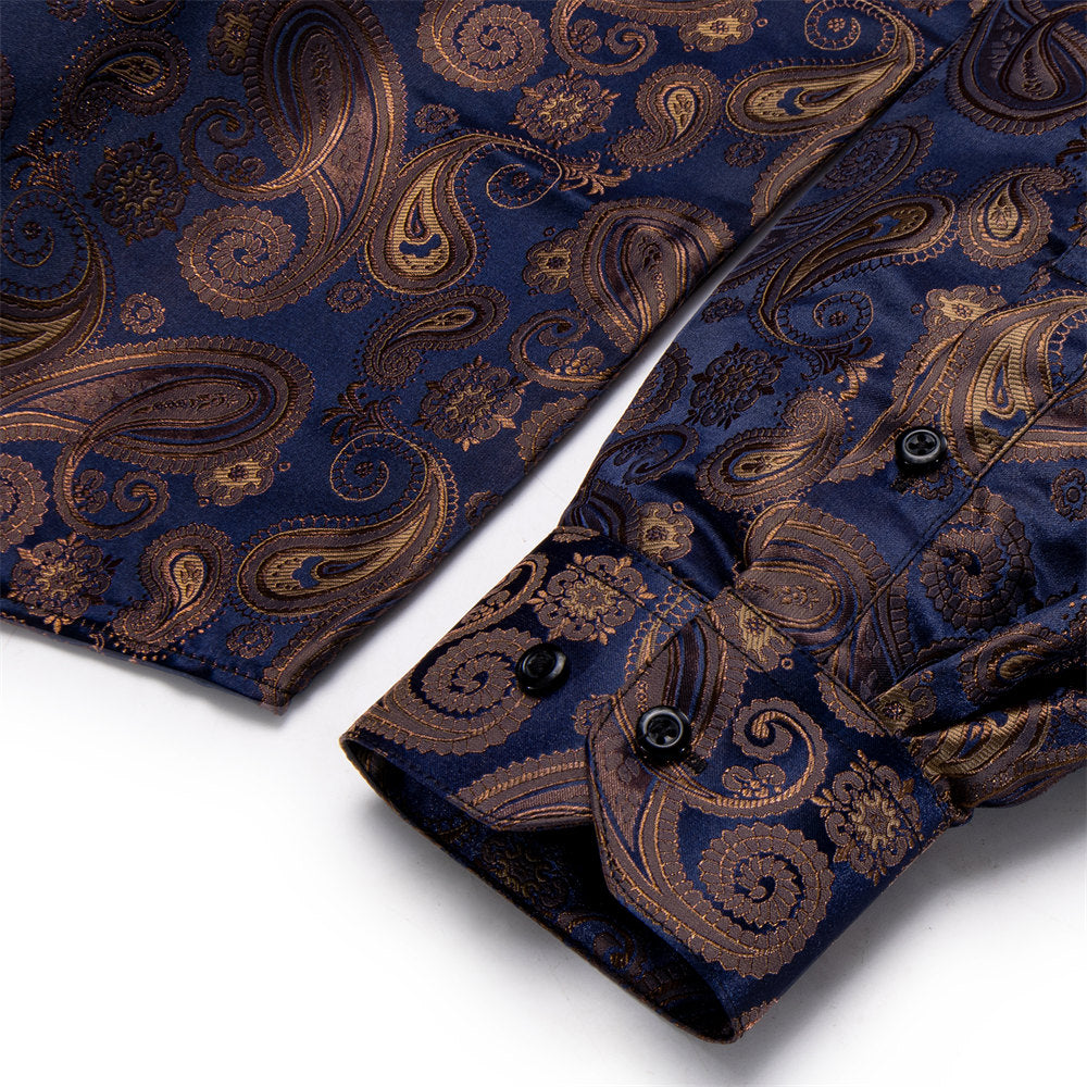 YourTies Men's Brown Blue Paisley Silk Long Sleeve Button Down Shirt