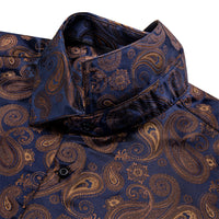 YourTies Men's Brown Blue Paisley Silk Long Sleeve Button Down Shirt