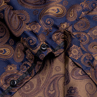 YourTies Men's Brown Blue Paisley Silk Long Sleeve Button Down Shirt