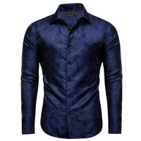 YourTies Men's Dark Blue Paisley Silk Long Sleeve Button Down Shirt