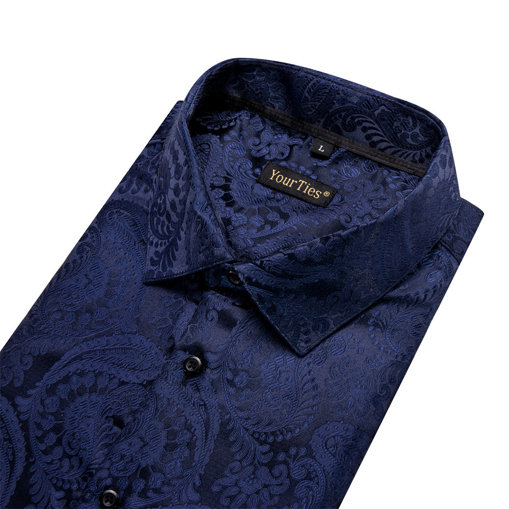 YourTies Men's Dark Blue Paisley Silk Long Sleeve Button Down Shirt