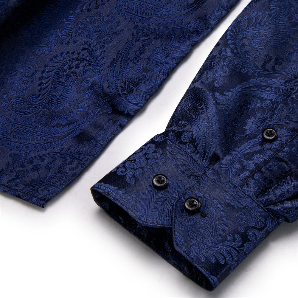 YourTies Men's Dark Blue Paisley Silk Long Sleeve Button Down Shirt