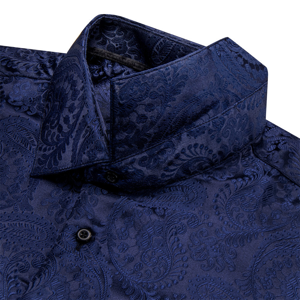 YourTies Men's Dark Blue Paisley Silk Long Sleeve Button Down Shirt