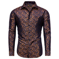 YourTies Men's Brown Blue Paisley Silk Long Sleeve Button Down Shirt