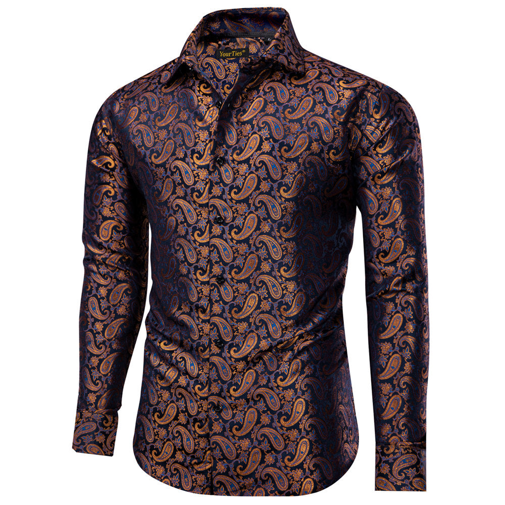 YourTies Men's Brown Blue Paisley Silk Long Sleeve Button Down Shirt