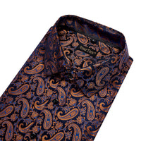 YourTies Men's Brown Blue Paisley Silk Long Sleeve Button Down Shirt