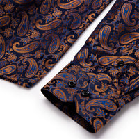 YourTies Men's Brown Blue Paisley Silk Long Sleeve Button Down Shirt