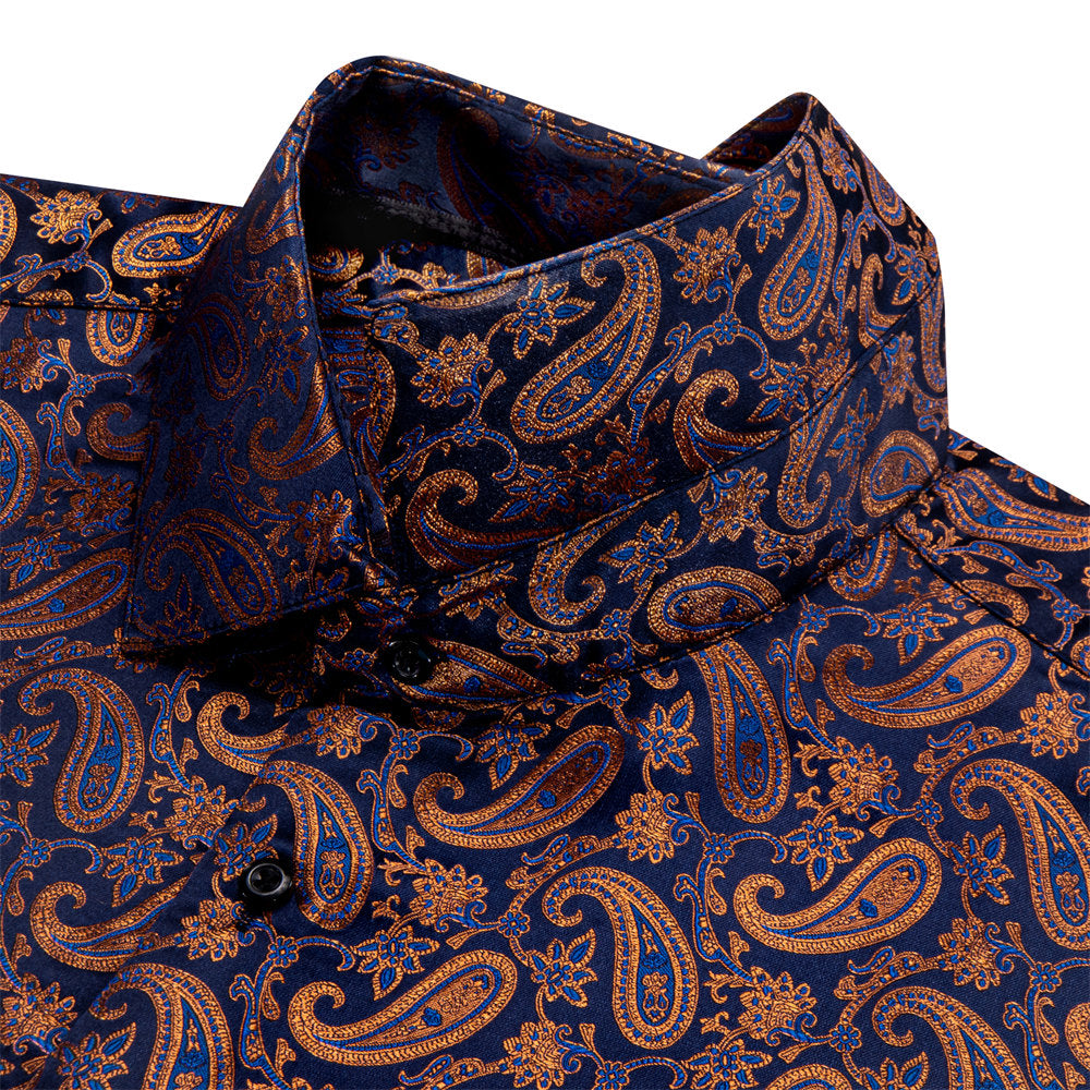 YourTies Men's Brown Blue Paisley Silk Long Sleeve Button Down Shirt