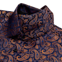 YourTies Men's Brown Blue Paisley Silk Long Sleeve Button Down Shirt